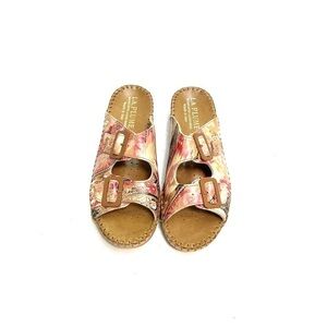Vintage Y2K deadstock brown leather pink printed buckle wedge walking sandals
